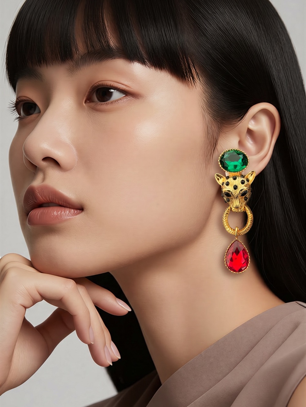 Gold Leopard Drop Earrings with Green and Red Stones
